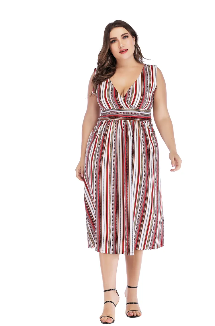 Sexy V-Neck Striped Sundress Waistline Slimming Full-Length Dress Extra Large