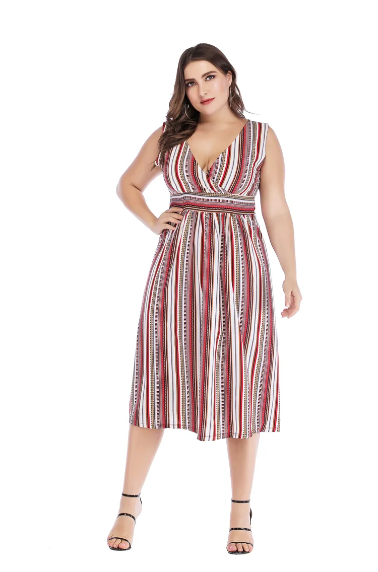 Sexy V-Neck Striped Sundress Waistline Slimming Full-Length Dress Extra Large