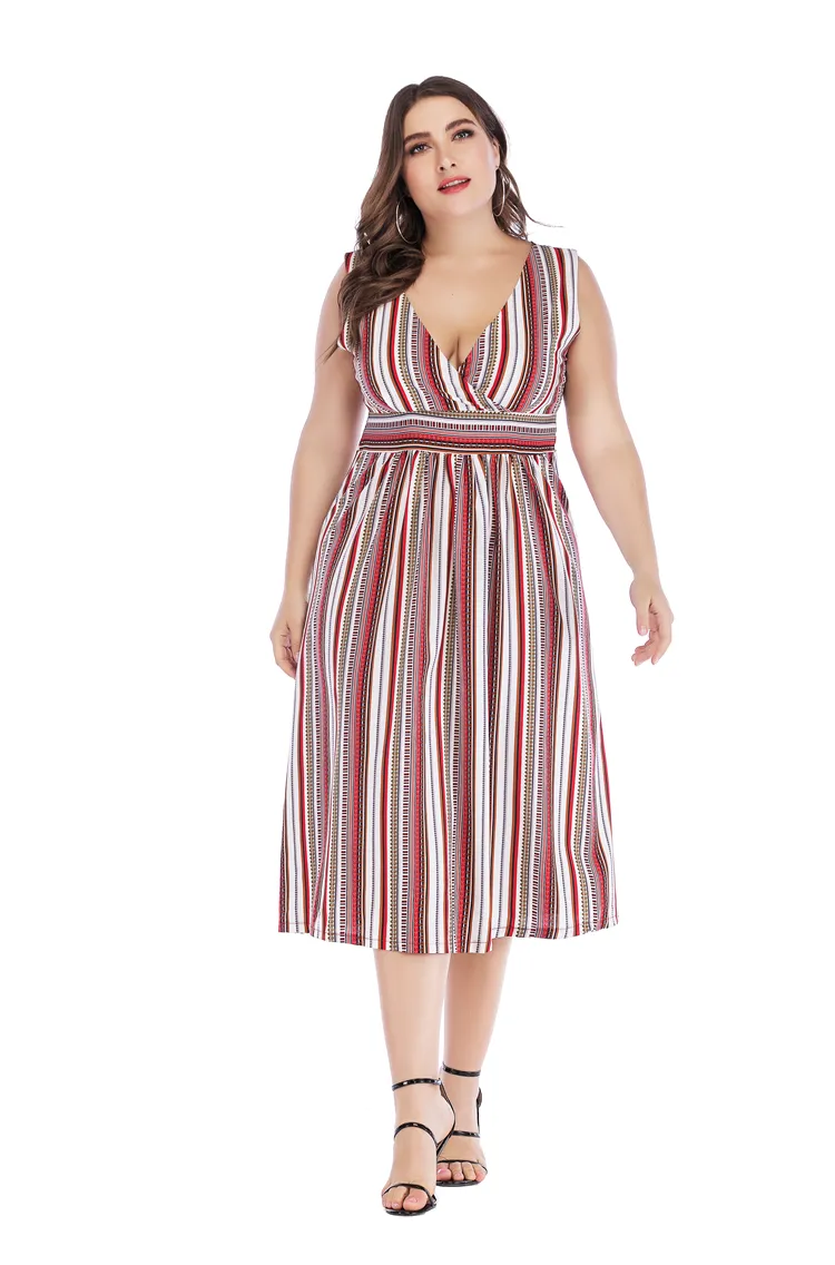 Sexy V-Neck Striped Sundress Waistline Slimming Full-Length Dress Extra Large