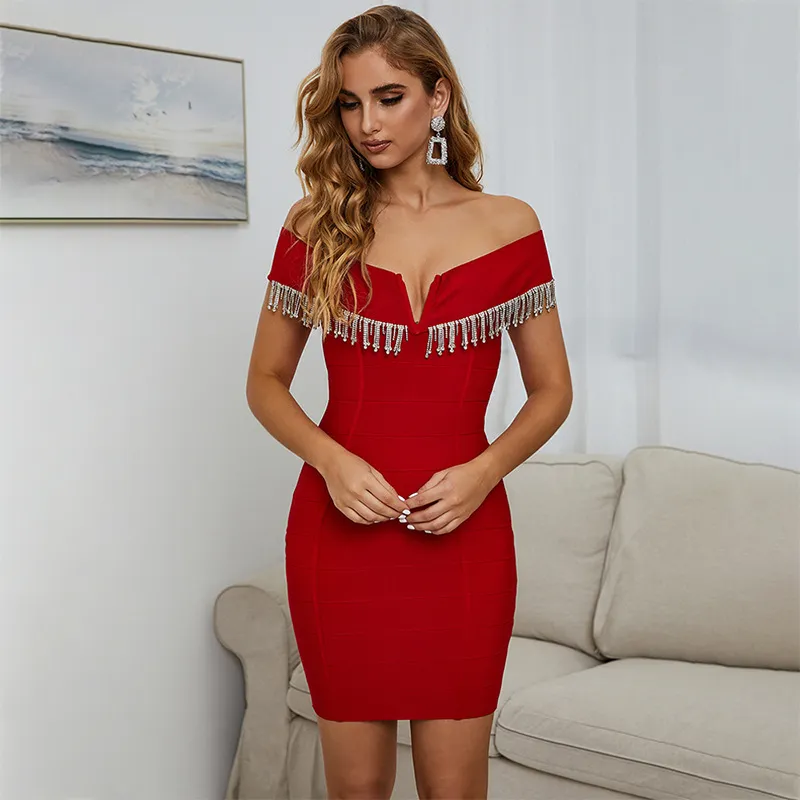 Shangyan Women Metallic Diamond Fringed One Shoulder Sexy Evening Dress