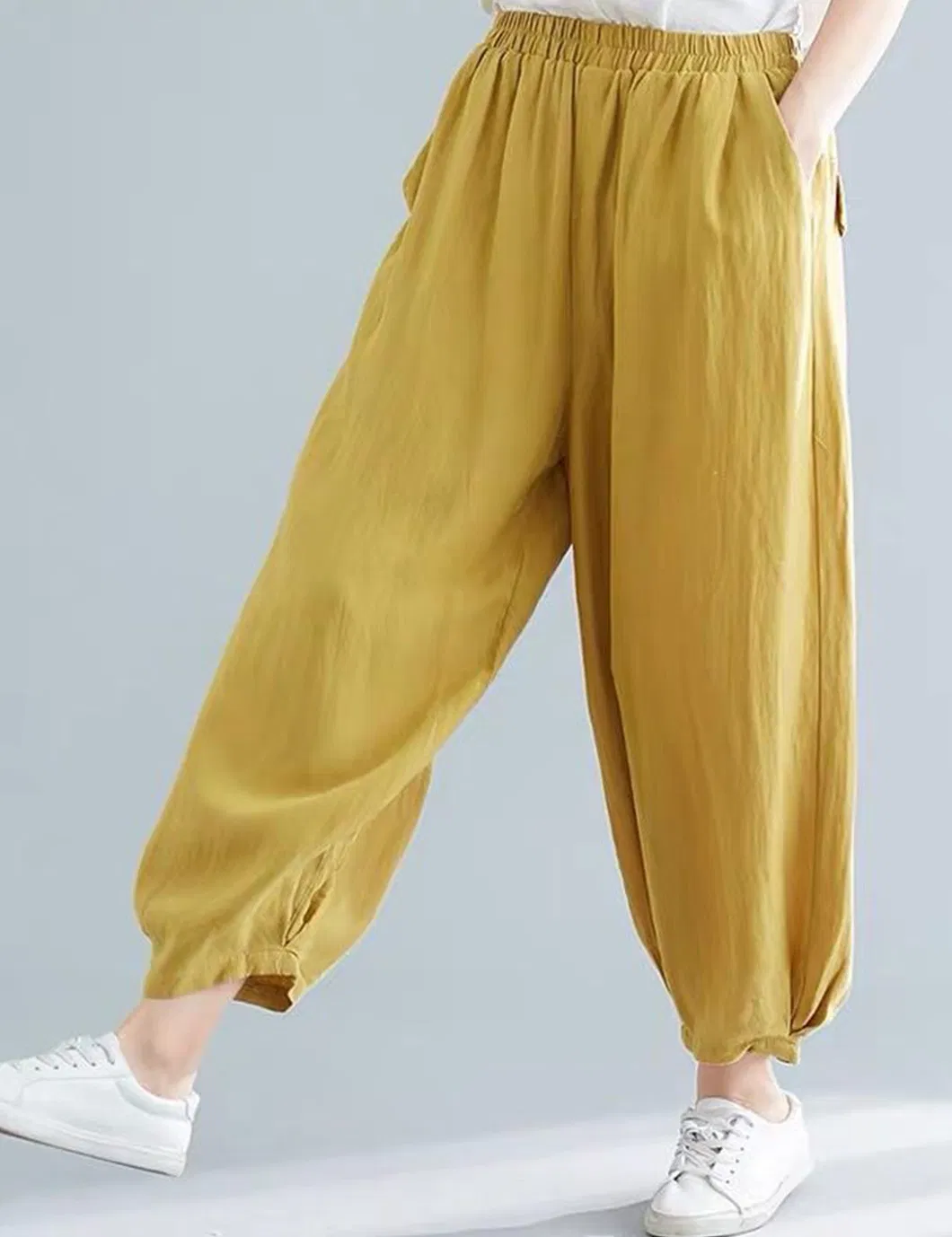 Shangyan Womens Baggy Elastic Waist Harem Pants Ankle Trousers with Pockets