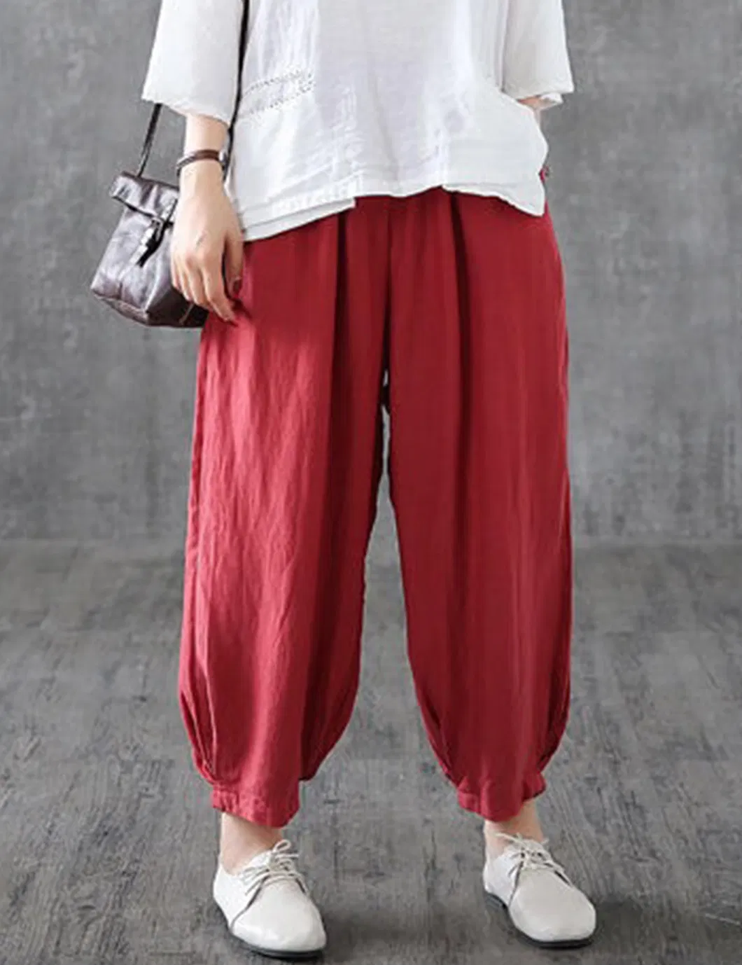 Shangyan Womens Baggy Elastic Waist Harem Pants Ankle Trousers with Pockets