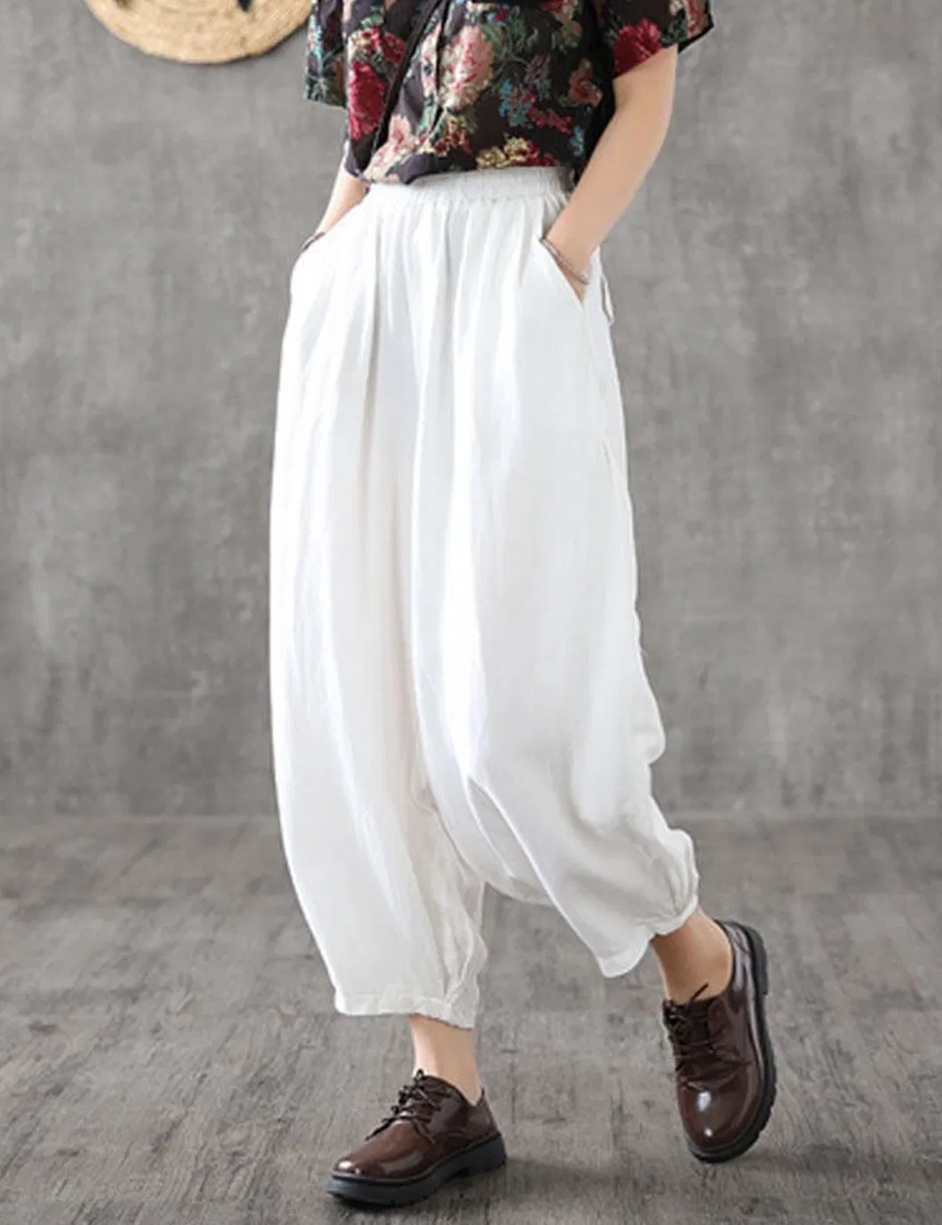 Shangyan Womens Baggy Elastic Waist Harem Pants Ankle Trousers with Pockets