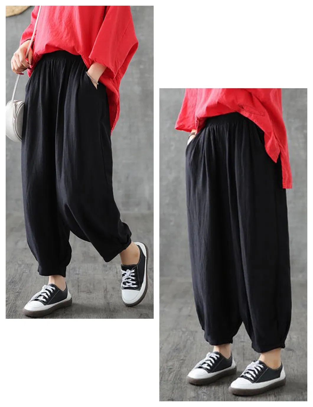 Shangyan Womens Baggy Elastic Waist Harem Pants Ankle Trousers with Pockets