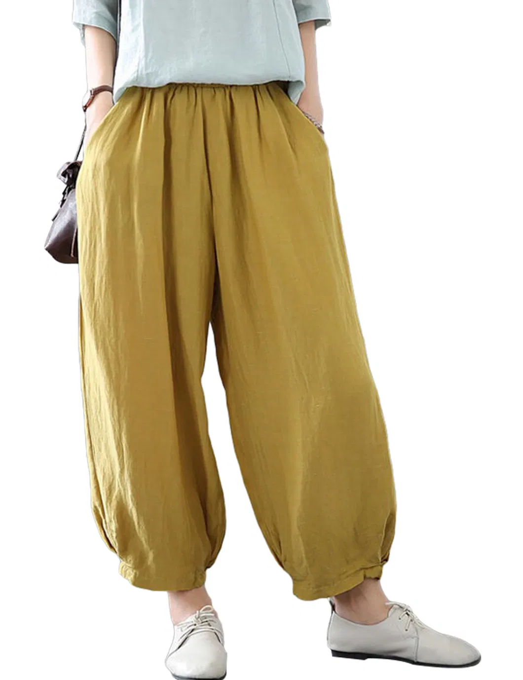 Shangyan Womens Baggy Elastic Waist Harem Pants Ankle Trousers with Pockets