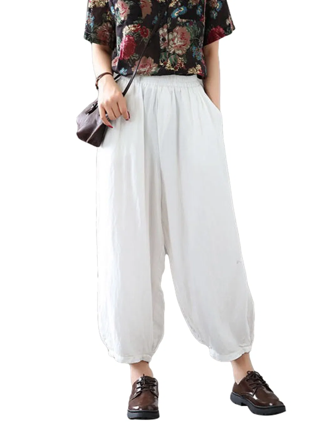 Shangyan Womens Baggy Elastic Waist Harem Pants Ankle Trousers with Pockets