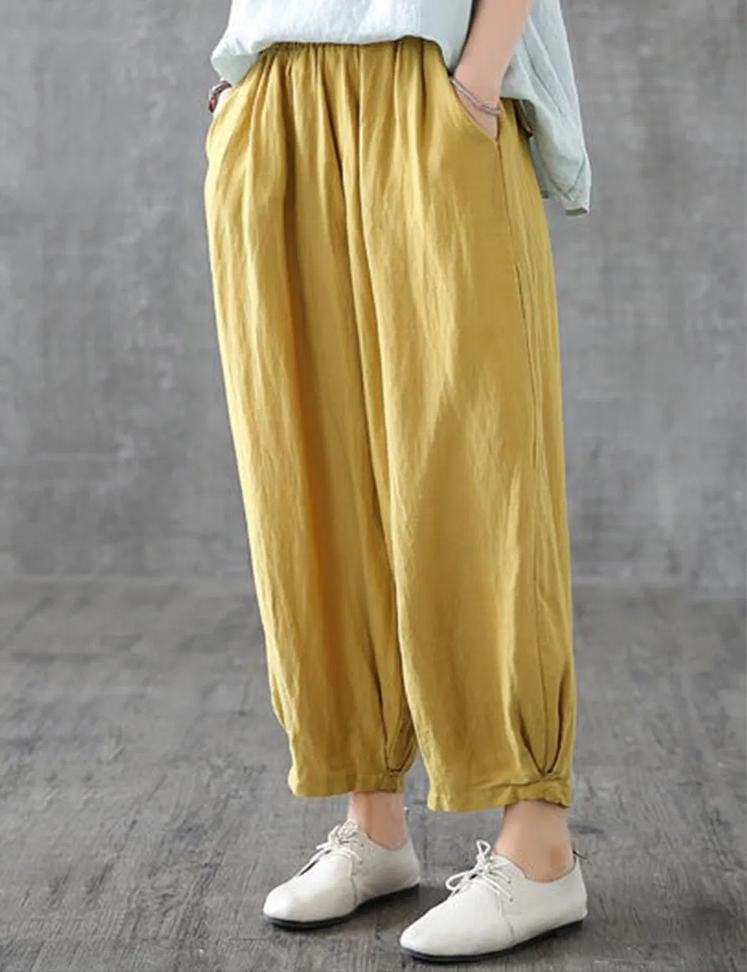 Shangyan Womens Baggy Elastic Waist Harem Pants Ankle Trousers with Pockets