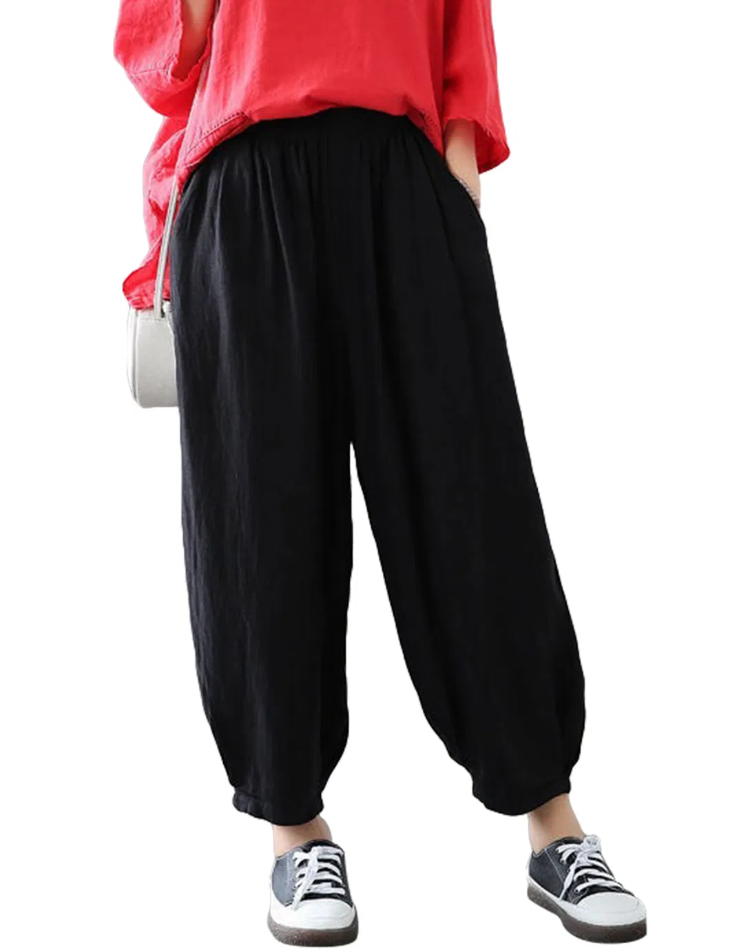 Shangyan Womens Baggy Elastic Waist Harem Pants Ankle Trousers with Pockets