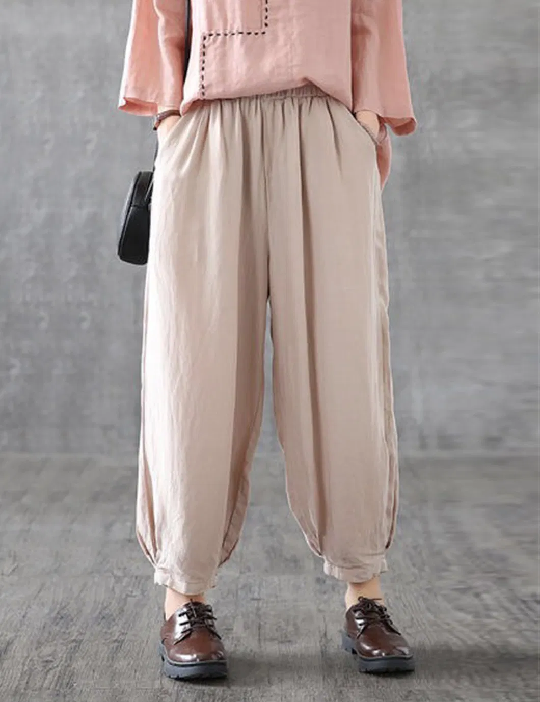 Shangyan Womens Baggy Elastic Waist Harem Pants Ankle Trousers with Pockets