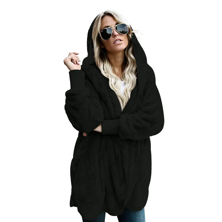 Shangyan Womens Open Front Hooded Long Sleeve Cardigan Fleece Outwear with Pocket