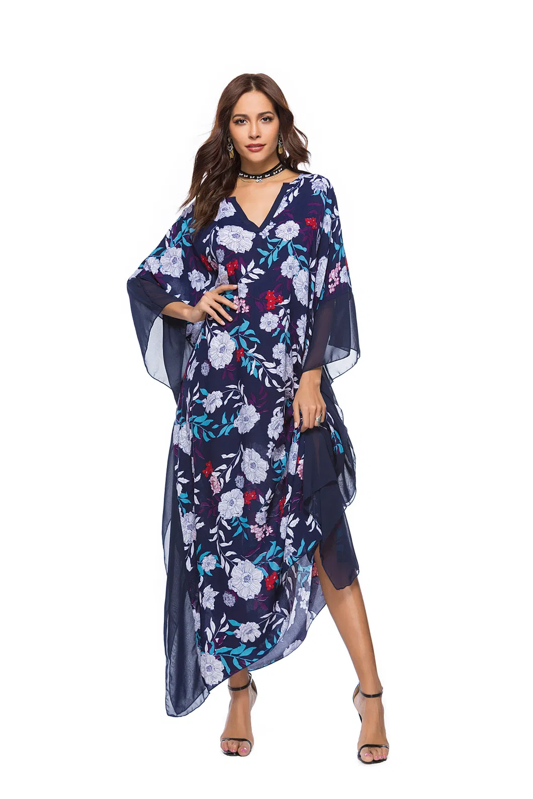 Shangyan Womens Spring and Summer New out V-Neck Bat Sleeve Printed Dress