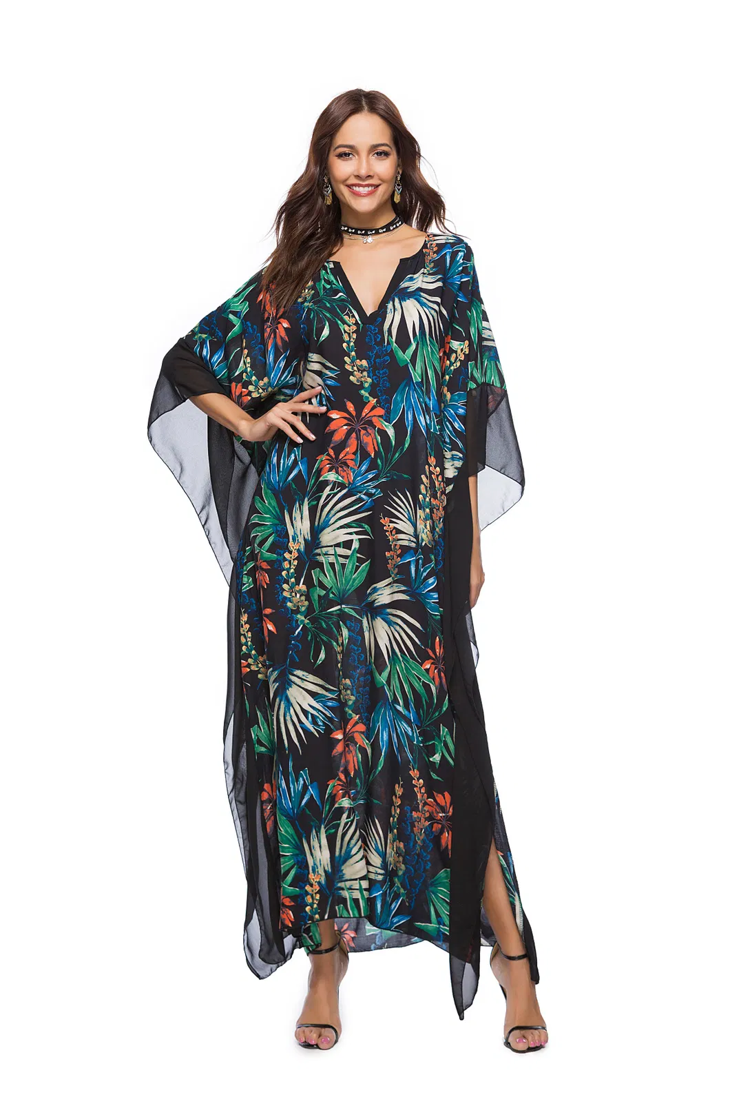 Shangyan Womens Spring and Summer New out V-Neck Bat Sleeve Printed Dress