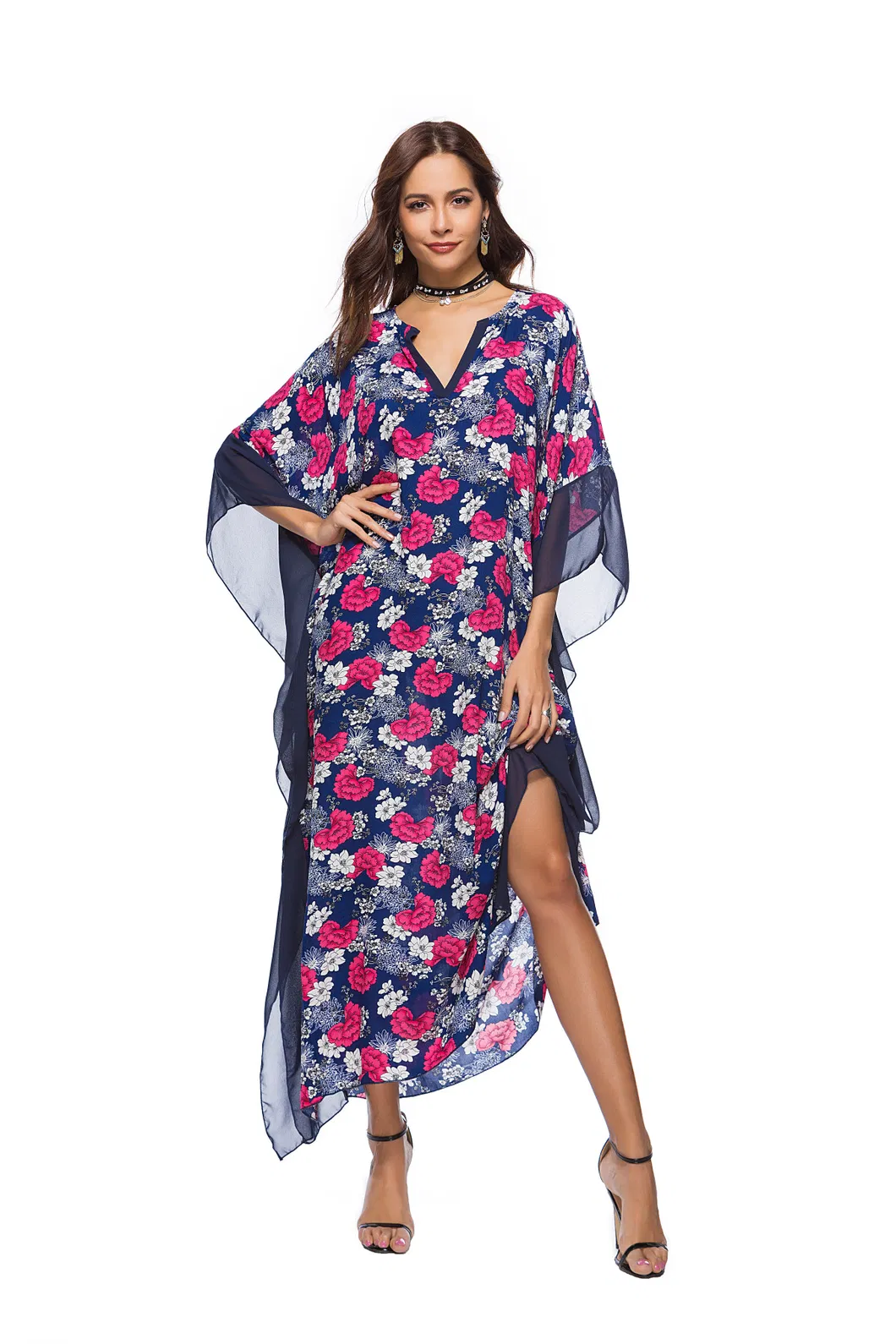 Shangyan Womens Spring and Summer New out V-Neck Bat Sleeve Printed Dress