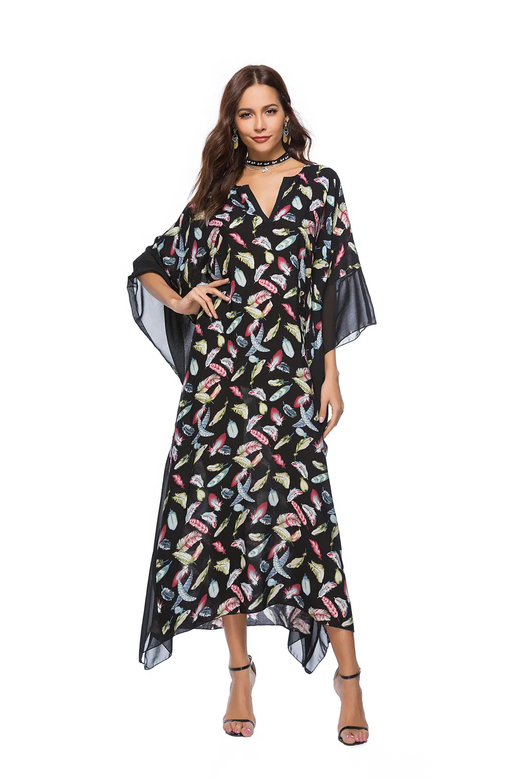 Shangyan Womens Spring and Summer New out V-Neck Bat Sleeve Printed Dress
