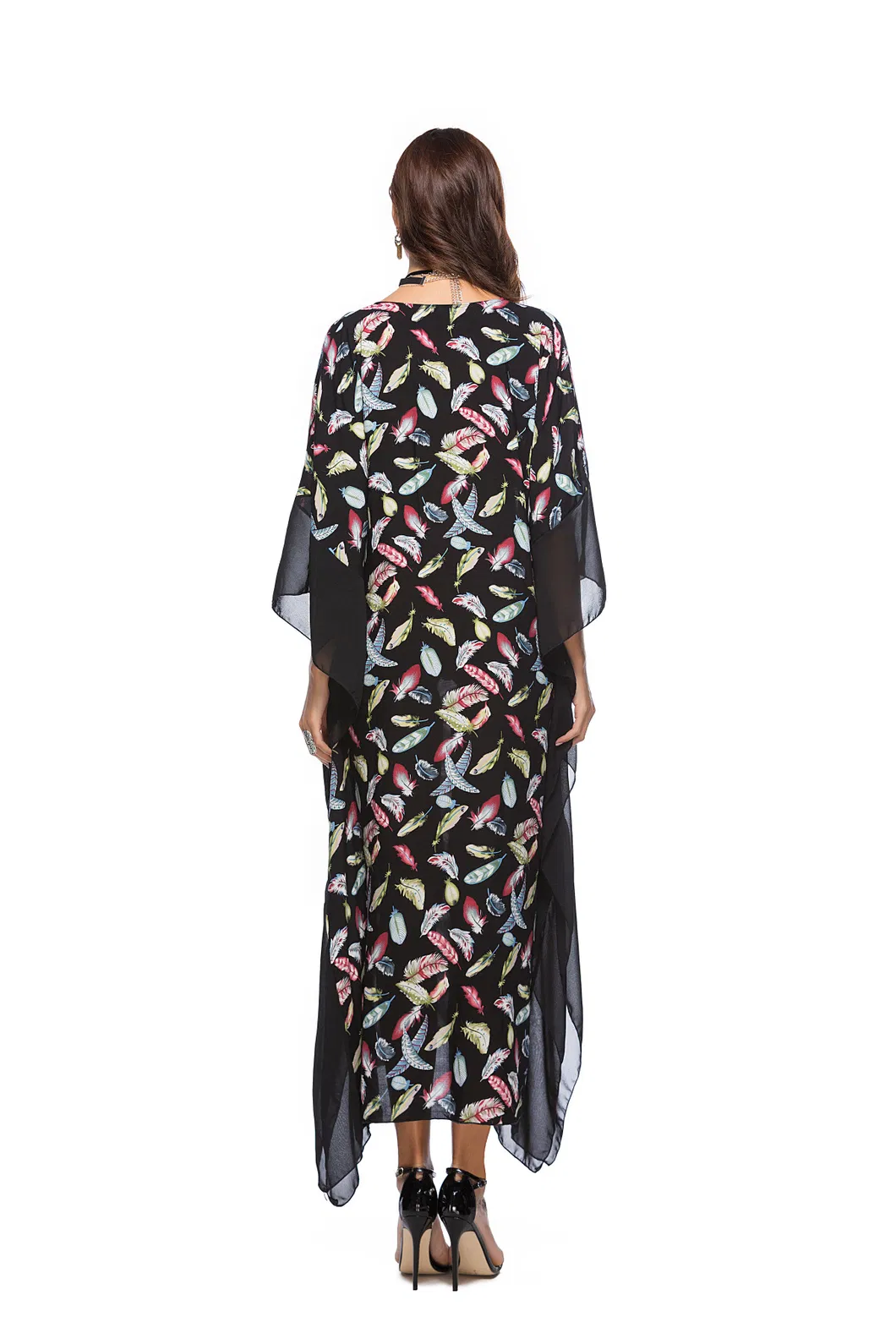 Shangyan Womens Spring and Summer New out V-Neck Bat Sleeve Printed Dress