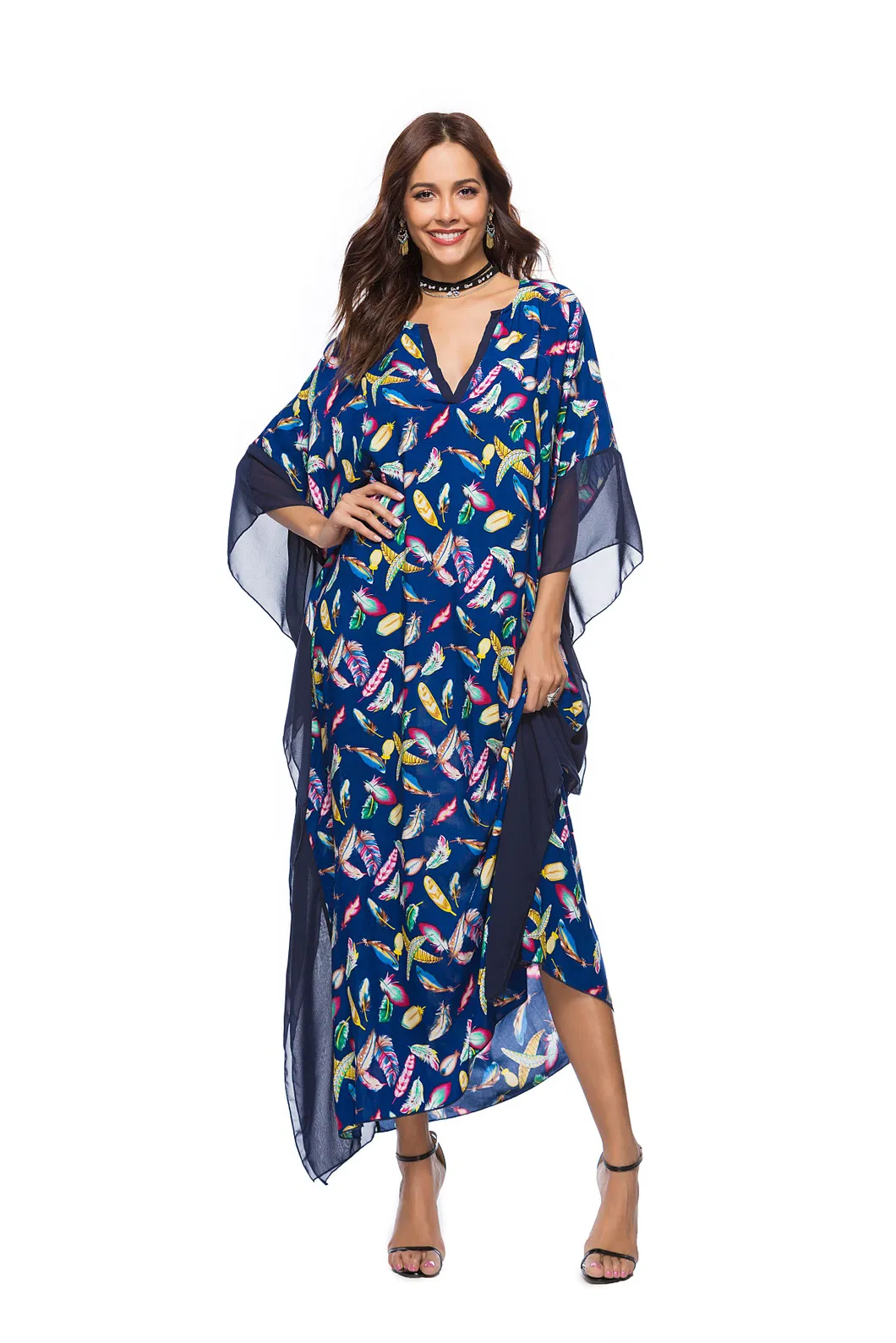 Shangyan Womens Spring and Summer New out V-Neck Bat Sleeve Printed Dress