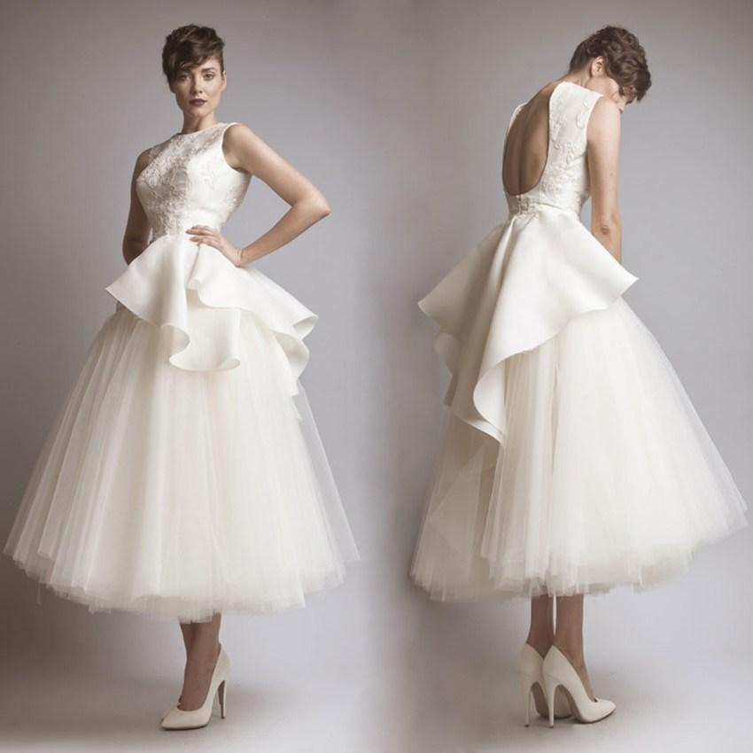 Short Wedding Dress Vestidos Backless Tulle Calf Bridal Gowns Wd1356