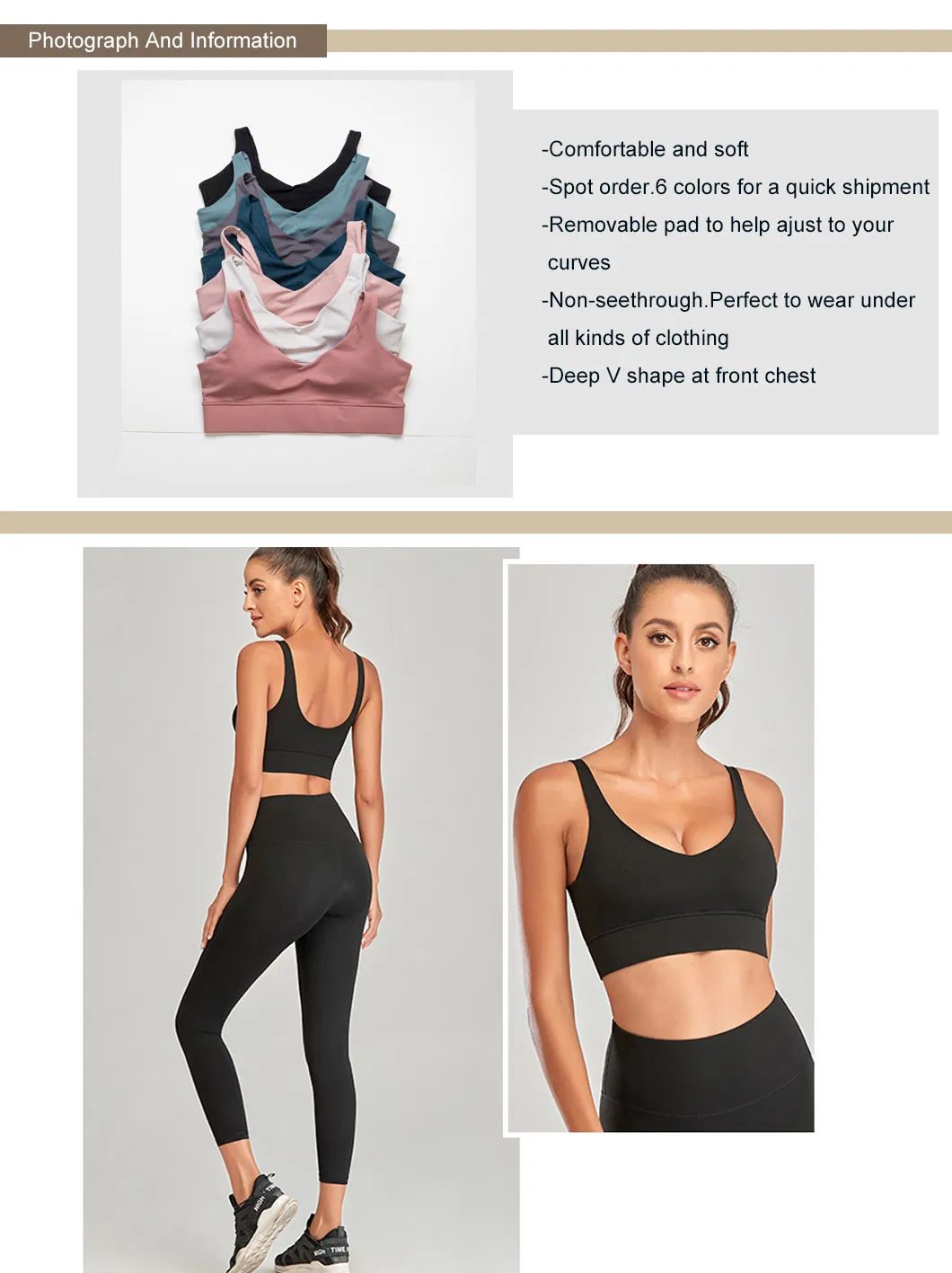 Skin-Fit Active Women′s Deep V Comfy Padded Yoga Gym Fitness Bra Tops for Women/Woman