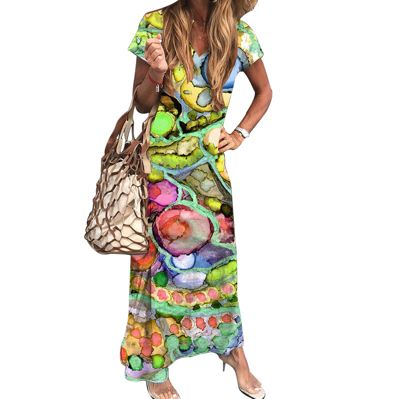 Spring Summer New Ladies Short Sleeve Ink Spot Printing Dress