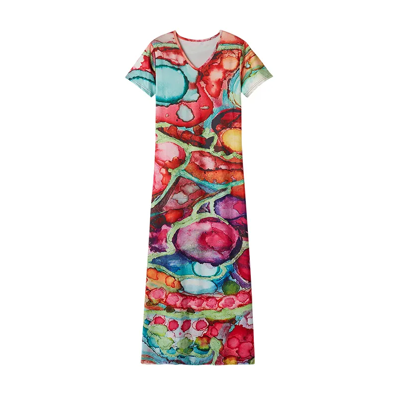 Spring Summer New Ladies Short Sleeve Ink Spot Printing Dress