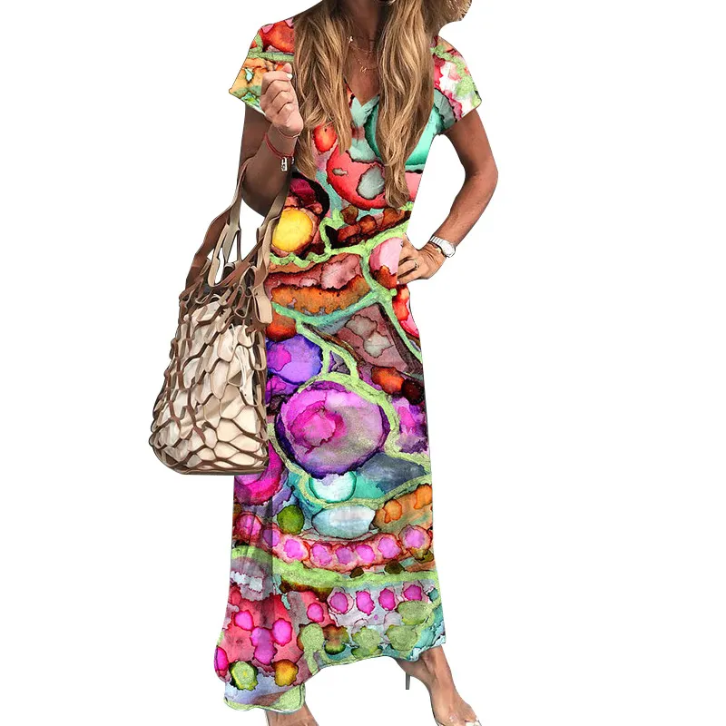 Spring Summer New Ladies Short Sleeve Ink Spot Printing Dress