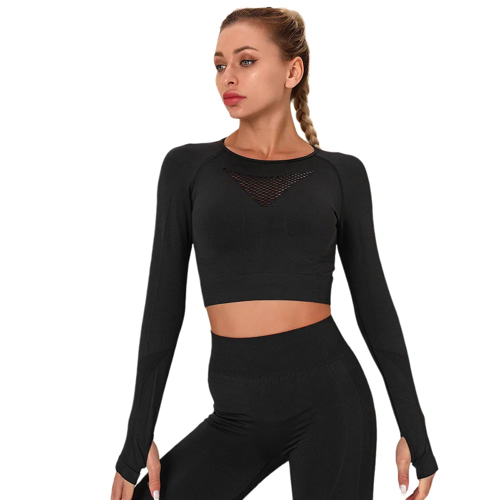 Trend Custom Black Lumbar Long Sleeve Seamless Yoga Top