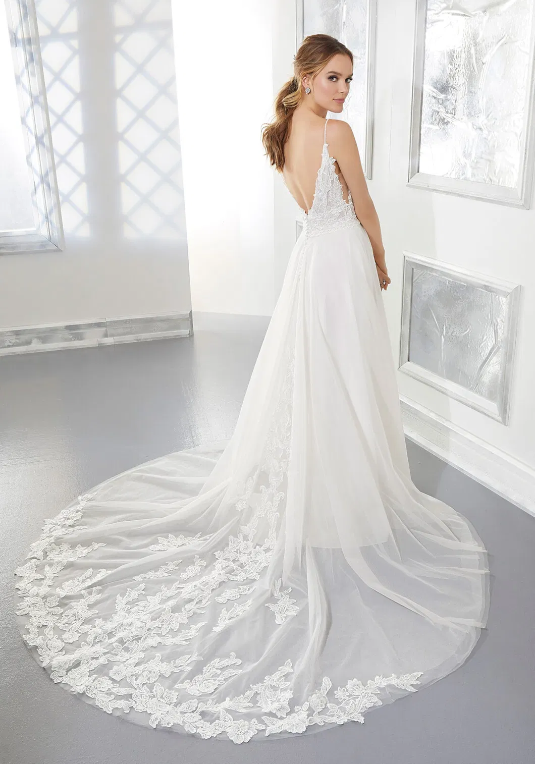 Tulle and Lace Wedding Dresses Backless Spaghetti Straps V-Neck A-Line Bridal Wedding Dress