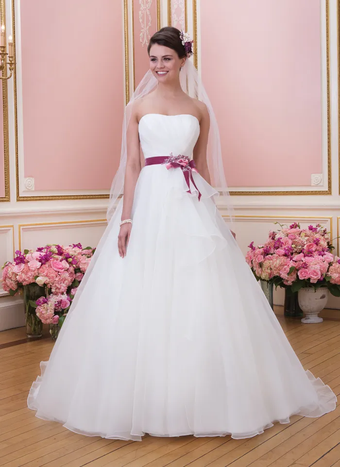 White Organza Color Sash Bridal Dress Puffy Ball Gown Wedding Dress