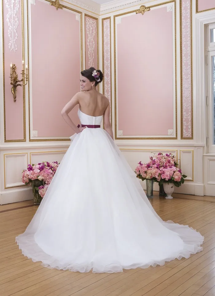 White Organza Color Sash Bridal Dress Puffy Ball Gown Wedding Dress