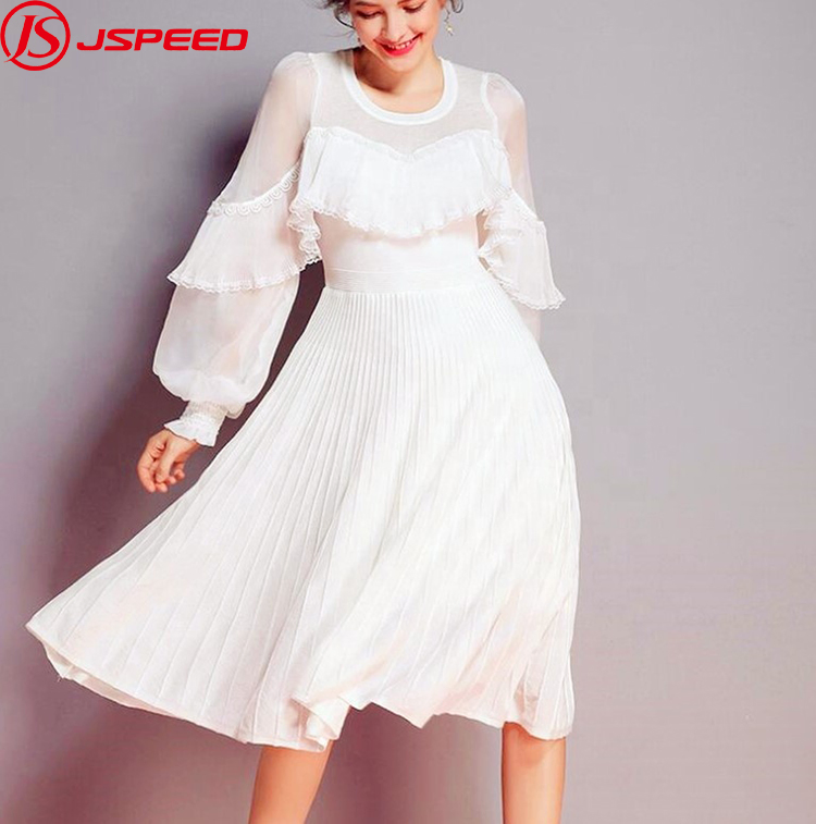Wholesale Women Lady Fashionable Long Sleeves Frill Pleated Chiffon One Piece Dress
