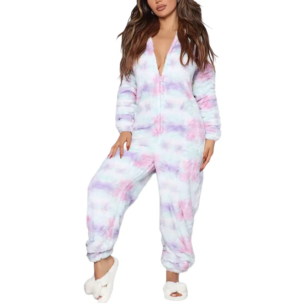 Women Christmas Printed Hooded Zipper Winter Fleece Jumpsuit