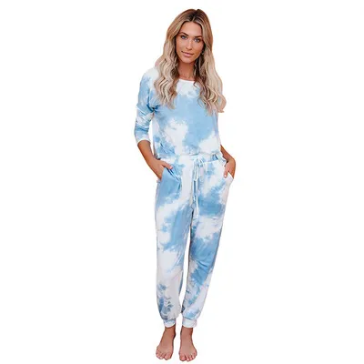 Women Fashion Cheap Sale Tie-Dye Print Long Sleeves Blouse Top & Pants Two Pieces Suits Casual Sports Wear for Girls