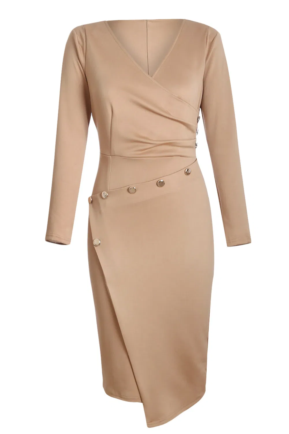 Women Fashion Long Sleeve Business Pencil V Neck Dress