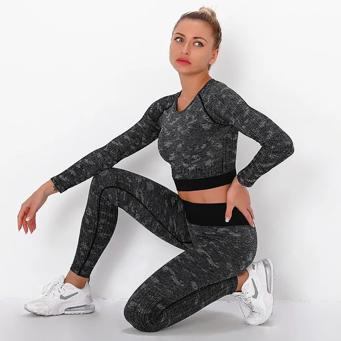 Women Fitness 2 Pieces Set Patterned Tracksuit Long Sleeve Turtleneck Crop Top + Elastic Push up Leggings Outfits