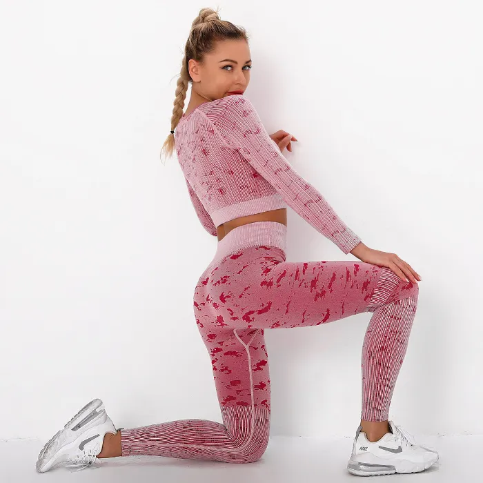 Women Fitness 2 Pieces Set Patterned Tracksuit Long Sleeve Turtleneck Crop Top + Elastic Push up Leggings Outfits