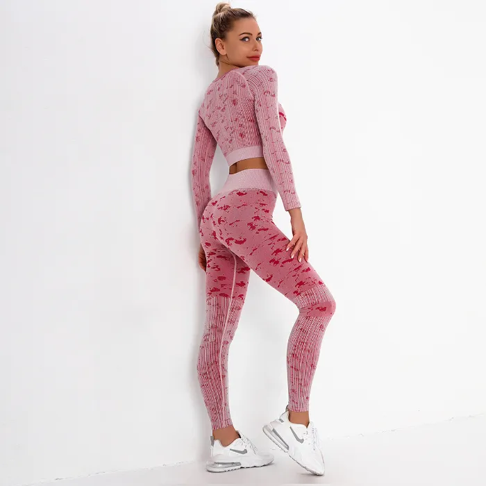 Women Fitness 2 Pieces Set Patterned Tracksuit Long Sleeve Turtleneck Crop Top + Elastic Push up Leggings Outfits