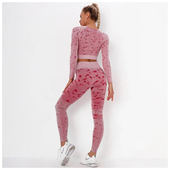 Women Fitness 2 Pieces Set Patterned Tracksuit Long Sleeve Turtleneck Crop Top + Elastic Push up Leggings Outfits