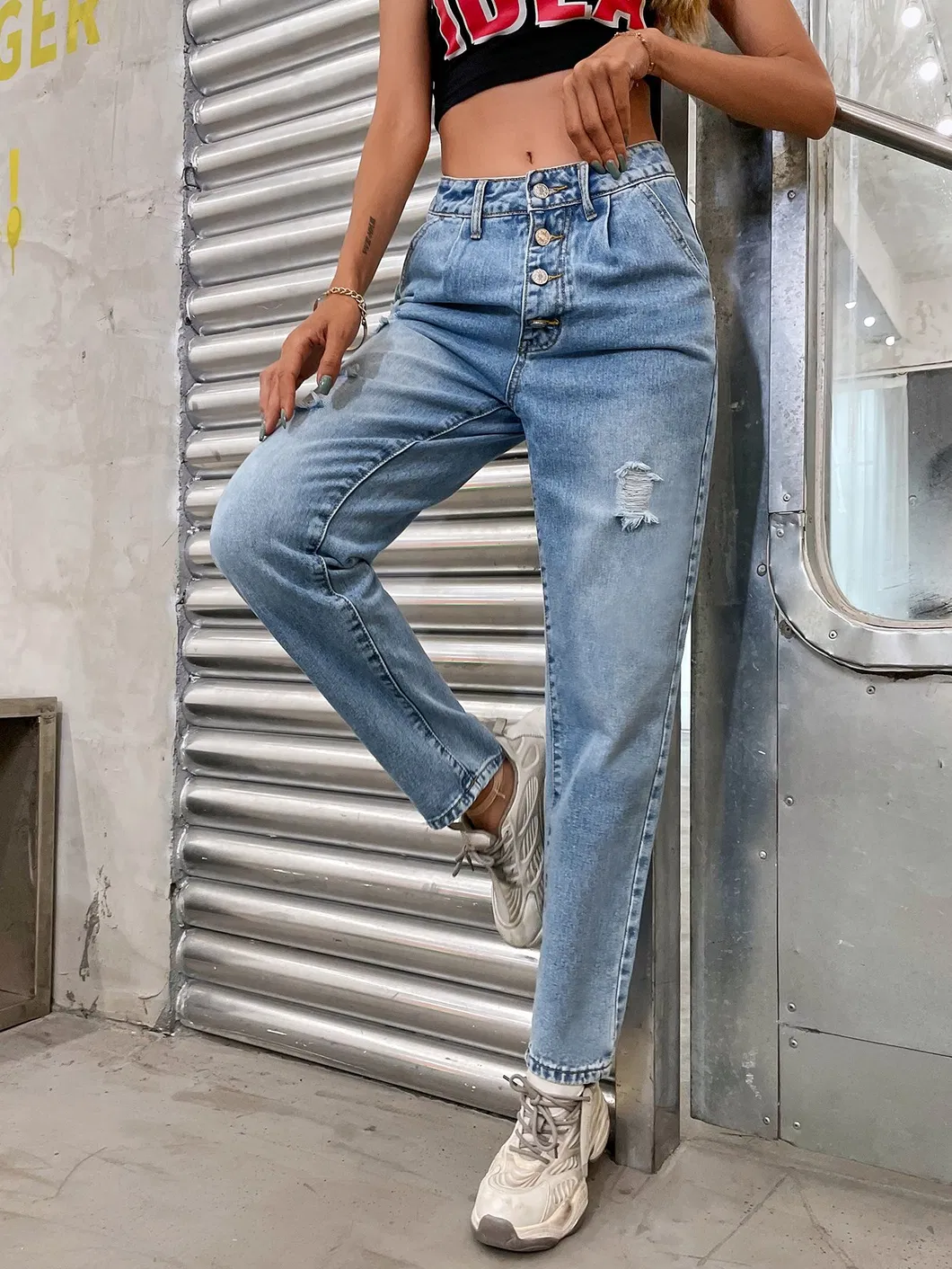 Women Ripped Cat Whisker Washed Boyfriend Jeans Women Blue Pants Street Wear Jean Women 0010