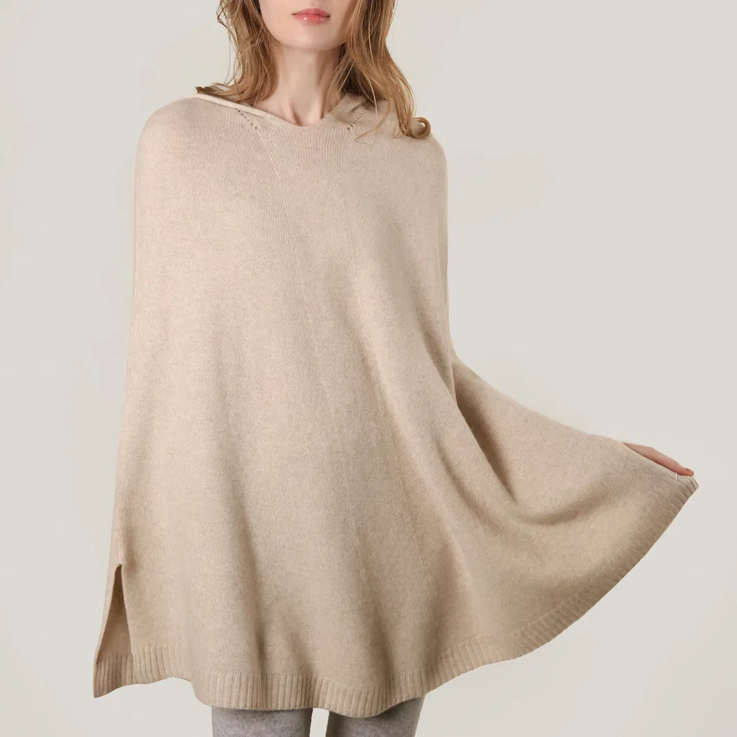 Women′s Cashmere Knitted Poncho in Beige