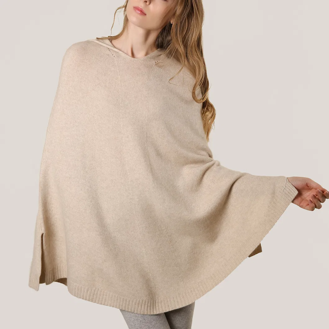 Women′s Cashmere Knitted Poncho in Beige