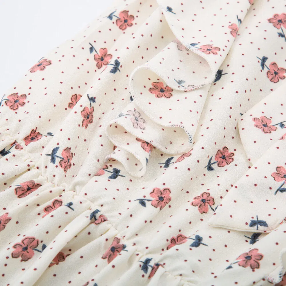 Women′s Cherry Printing Flutter Sleeves Tie Neck Elastic Waist Fashion Dress