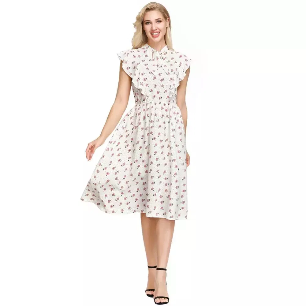 Women′s Cherry Printing Flutter Sleeves Tie Neck Elastic Waist Fashion Dress