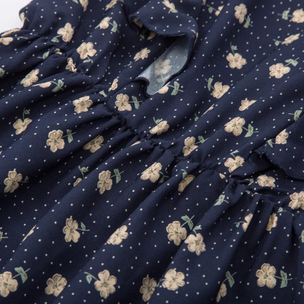 Women′s Cherry Printing Flutter Sleeves Tie Neck Elastic Waist Fashion Dress