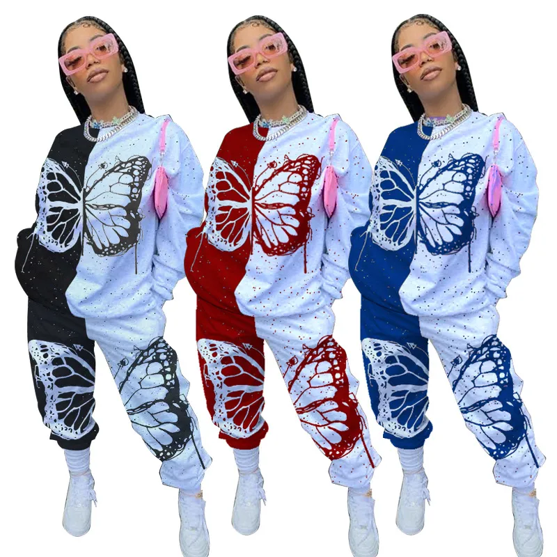Women′s Clothing Butterfly Print Long Sleeve Casual Sweatpants 2 Piece Sets Sweatsuit Tracksuits Set Women