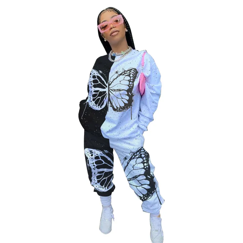 Women′s Clothing Butterfly Print Long Sleeve Casual Sweatpants 2 Piece Sets Sweatsuit Tracksuits Set Women