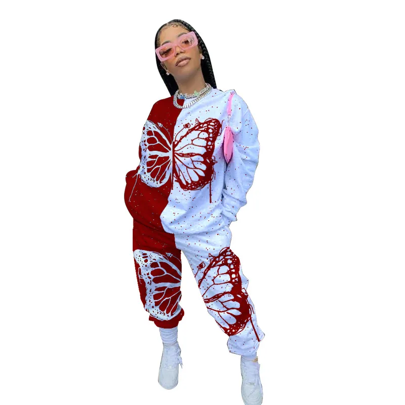 Women′s Clothing Butterfly Print Long Sleeve Casual Sweatpants 2 Piece Sets Sweatsuit Tracksuits Set Women