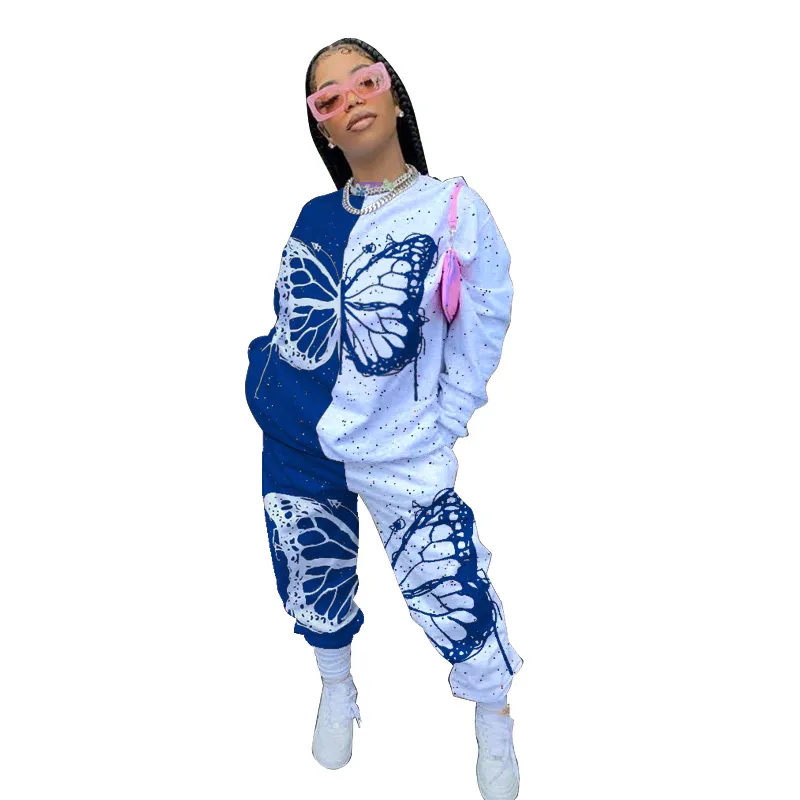 Women′s Clothing Butterfly Print Long Sleeve Casual Sweatpants 2 Piece Sets Sweatsuit Tracksuits Set Women