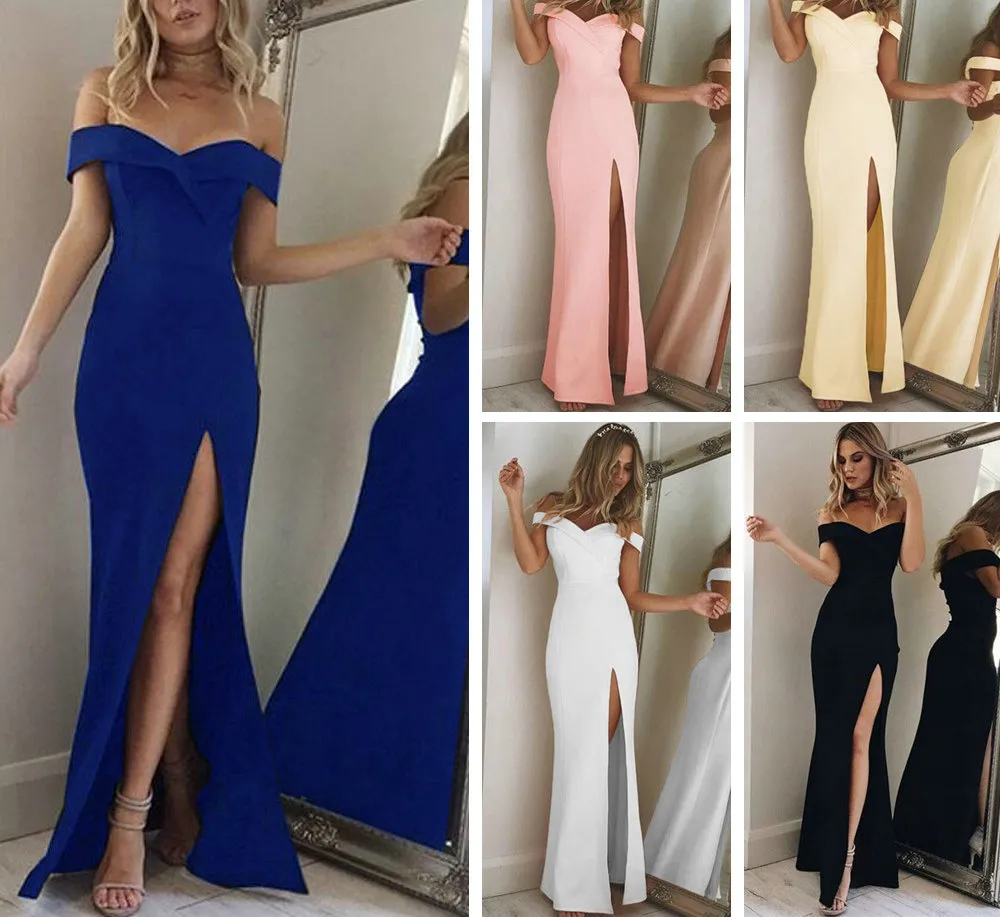 Women′s Long Dress, Ladies Summer Vintage Boho Maxi Evening Party Beach Dress Floral Sundress Sleeveless Cold Shoulder Split Dress Esg10550