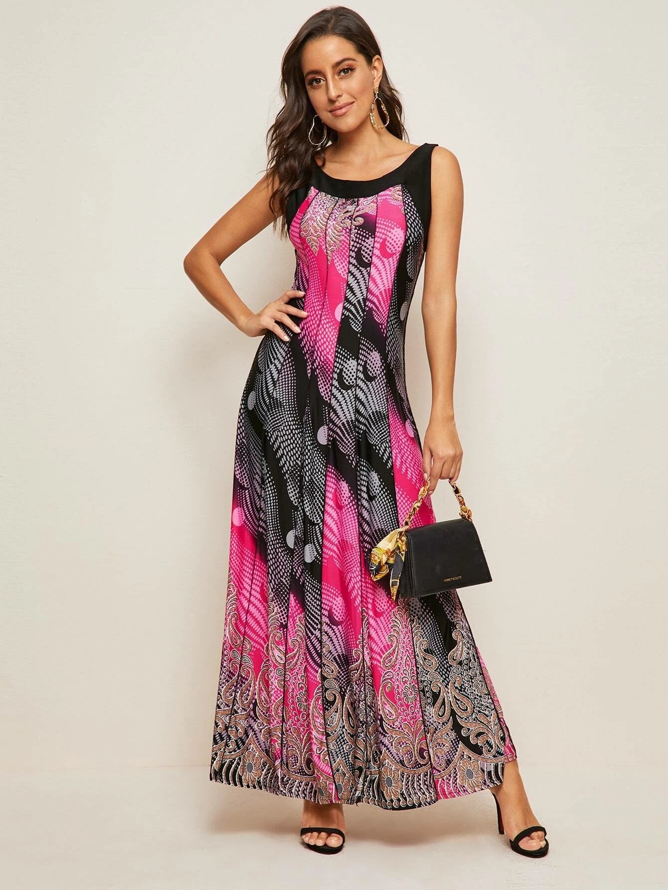 Women's Summer Casual Floral Print Racerback Sleeveless Pocket Long Boho Maxi Dress Sexy