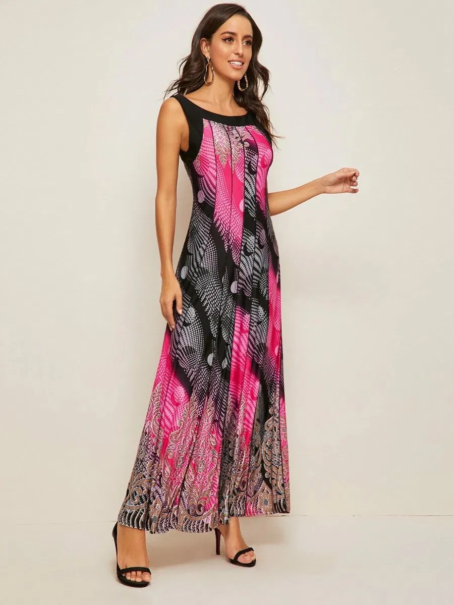 Women′s Summer Casual Floral Print Racerback Sleeveless Pocket Long Boho Maxi Dress Sexy